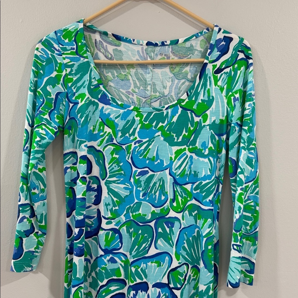 Lilly Pulitzer Kenzie vibrant Blue and Green 3/4 sleeve pima cotton dress - Picture 4 of 6